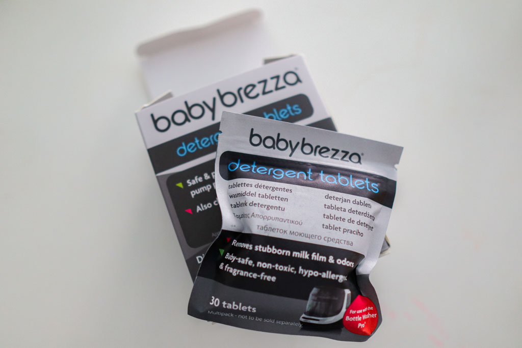 A packet of Baby Brezza detergent tablets containing 30 tablets.